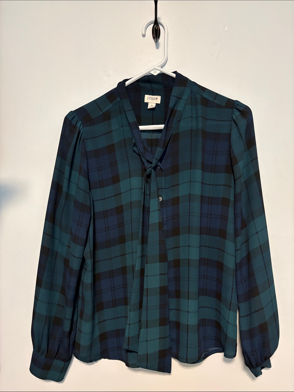J. Crew Teal and Navy Plaid Tie-Neck Blouse